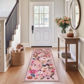 Pink Runner Rug 2x6 for Kitchen Machine Washable Non Slip with Rubber Backing Boho Vintage Floral Carpet Soft Stain Resistant Thin Long Rugs for Entrance Hallways Laundry Bedside Bathroom Girly Decor