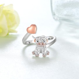 SCZKLAQ Highland Cow Ring 925 Sterling Silver Adjustable Cow Rings Cute Scottish Western Highland Cow Jewelry for Women Highland Cow Gifts