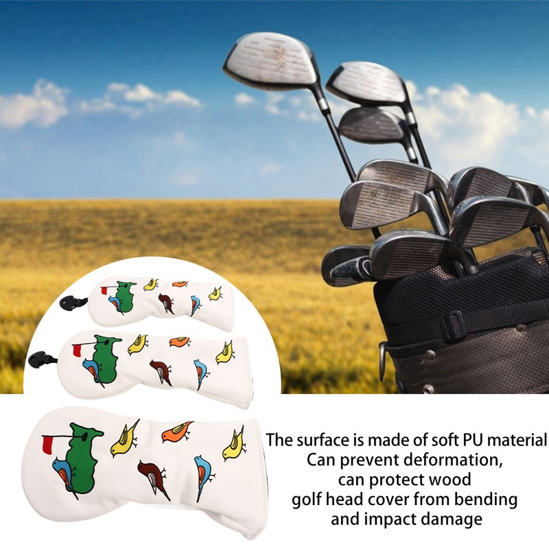 3PCS Golf Club Head Cover PU Waterproof Bird Pattern Golf