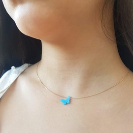 Opal Butterfly Necklace Gift for Women Girl Teens Delicate Synthetic Opal jewelry Sterling Silver 925 Box Chain 16"+extension (Gold,Blue)