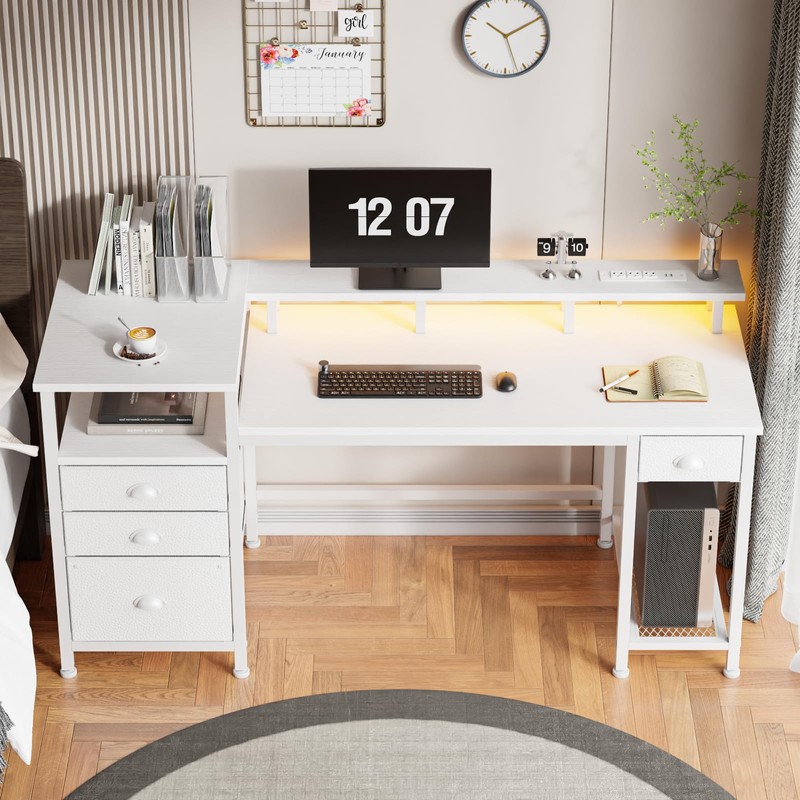 Furologee 60" White Office Computer Desk with 4 Drawers,Gaming Desk