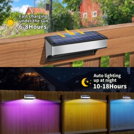 8 Pack Solar Fence Lights Outdoor RGB and 10 Colors Stainless Steel Dusk to Dawn Deck Lights Bright Solar Step Lights Waterproof Led Solar Outdoor Lights for Backyard Stairs, Patio
