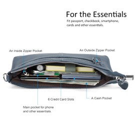 befen Genuine Leather Wristlet Clutch Wallet Purses Small Crossbody Bags Shoulder Handbag for Women, Silver Zipper-Vintage Blue