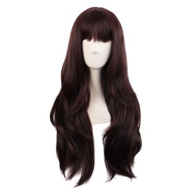 MapofBeauty 28 Zoll/70 cm Länge Flacher Pony Synthetische Faser Wavy Cosplay Partys Täglich Verwendungszwecke Heat Widerstandsfähig Perücke (Dunkel Braun)