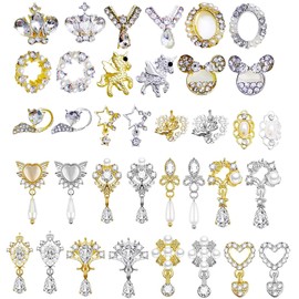 36Pcs 3D Gold Nail Charms Rhinestones Shiny Nail Crystal Diamonds Gems Manicure Nail Crown Jewelry Studs Gold Silver Nail Art Charms
