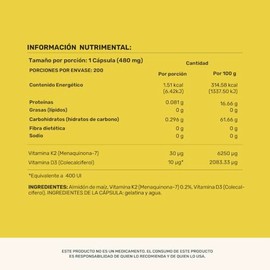 LIFE 360+ Vitamina K2 D3 | 200 cápsulas | 480mg por porción