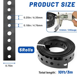 5 Rolls Black Metal Strapping with Holes, 3/4 Inch X 10 Feet 24 Gauge Galvanized Pipe Hanger Strap, Flexible Trimming Pipe Hangers and Supports (5)