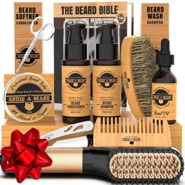GROW ALPHA - Kit de aseo para alisar barba para hombres, 2 onzas líquidas de aceite de crecimiento de barba, bálsamo de sándalo, lavado de barba, acondicionador, cepillo para polvo y peine, maquinilla