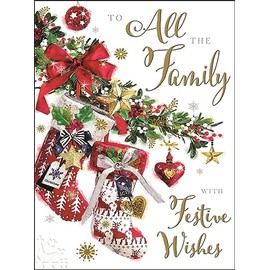 Jonny Javelin All the Family Christmas Card - Festive Stockings and Winter Garland Embossed with Foil and Flitter Details