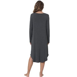 GYS Womens Bamboo Viscose Long Sleeve Nightgown Soft Comfy V Neck Long Night Shirts Sleepwear, Dark Heather Grey, Large