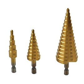 3Pcs Step Drill Bit Set，HSS Speed Steel Step Cone Drill Titanium Steel Metal Hole Cutter Bit Set with 1/4" 4-12MM/4-20MM/4-32MM