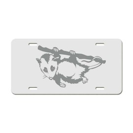 Baby Possum Hanging from Branch White Metal License Vanity Plate for Any Car Model - Dark Grey