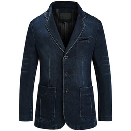 chouyatou Men's Classic Notched Collar 3 Button Tailoring Distressed Denim Blazer Jacket (Medium, Dark Blue)
