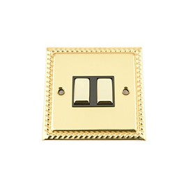 Light Switch Double 2 Gang - Polished Brass Georgian - Black - Metal Rocker Switch - 10 Amp 2 Gang 2 Way