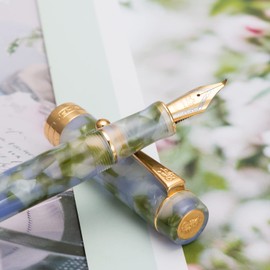 Jinhao 100 Classic Fountain Pen Bent Nib, Blue Green Celluloid Fude Pen Calligraphy from Fine to Broad Size with Pen Case Set