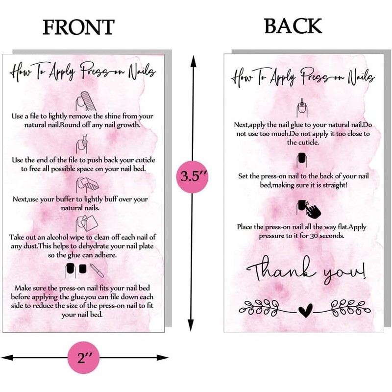 Press-On Nail Application Instructions Cards, Aftercare Instructions Cards, 50 Pack