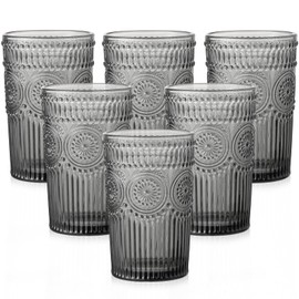 ZMOWIPDL Vintage Glassware Drinking Glasses Set of 6,13 oz Grey Textured Flower Design Glass Water Tumblers，Embossed Striped Drinkware for Water,Cocktails,Juice,Iced Coffee