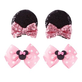 2 Pairs Mouse Ears Hair Clips & Mouse Hair Bows Barrettes for Women Girls Accessories Birthday Party Decorations Pink