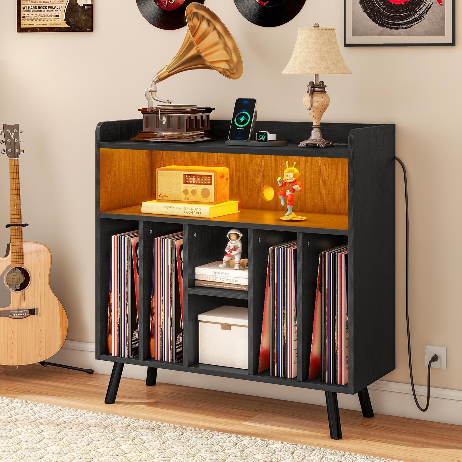 DWVO Large Record Player Stand, Turntable with Power Outlets & LED ...