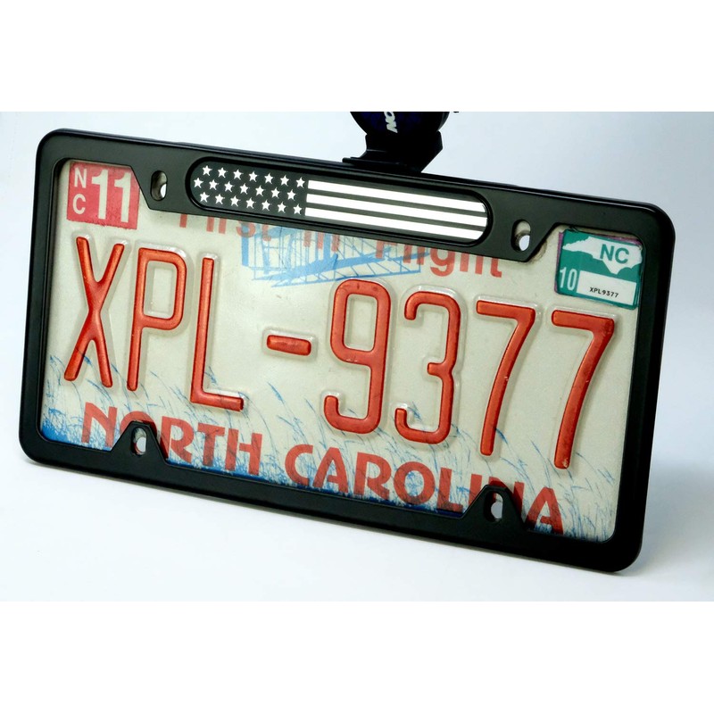 Stainless Steel License Plate Black Frame American (Chrome Flag)