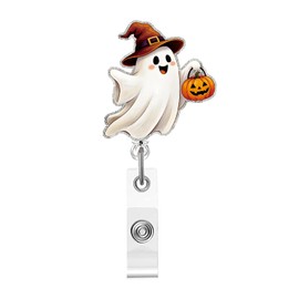 Cute Ghost Badge Reel Acrylic Retractable Halloween Badge Clip with 360 Rotating ID Card Holder Ghost Carrying Pumpkin Badge Reel Design Halloween Spooky ID Badge Holder for Nurses Doctors