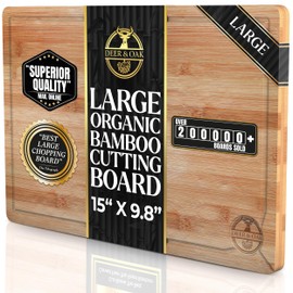Deer & Oak Large Bamboo Chopping Board 15" x 9.8" x 0.8", Premium Wooden Kitchen Cutting Board for Meat & Vegetables, Pre-Oiled, Water Resistant, Knife-Friendly