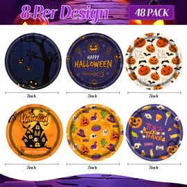Xjoviative - 48 platos de papel de Halloween de 7 pulgadas, platos de fiesta de telaraña desechables para tartas y postres para decoraciones de fiesta de Halloween