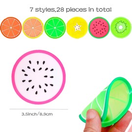 28 Pieces Cute Fruit Coasters Rubber Drink Coasters Fun Cup Mat Orange Kiwi Watermelon Pitaya Pads for Bar Kitchen and Patio Tabletop