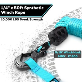 YUNFUER 1/4" x 50ft Synthetic Winch Rope Cable Kit, 10000LBS Winch Rope with Protective Sleeve + Forged Winch Hook + Rubber Stopper and Safety Pull Strap for ATV UTV (Blue)