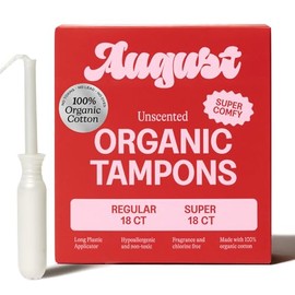 August Regular and Super Tampons - Easy-Glide Long Applicators - 36-Pack (18 + 18) 100% Organic Cotton Tampons for Women, Non-Toxic, Fragrance-Free, and Hypoallergenic