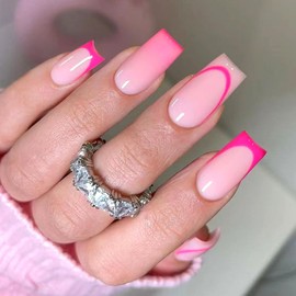 French Tip Press on Nails Medium Square Fake Nails with Rose Red Lines Gradient Design Glue on Nails Pink Full Cover Nails Press ons Glossy False Nails Artificial Stick on Nails for Women 24Pcs