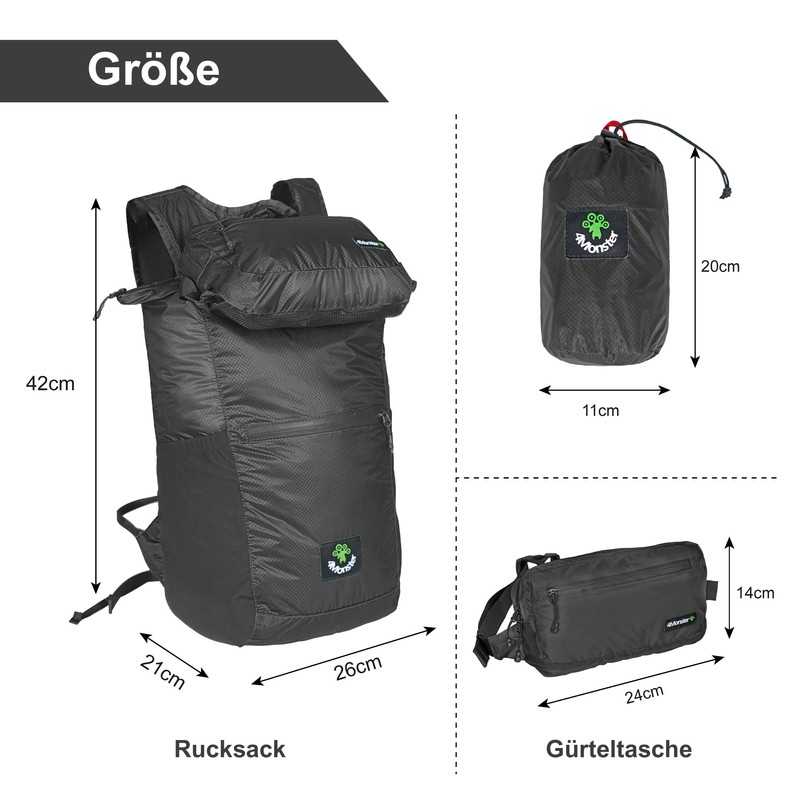 4Monster Foldable Backpack, Ultra Light, Unisex Daypack, Outdoor, 2-in-1 Belt