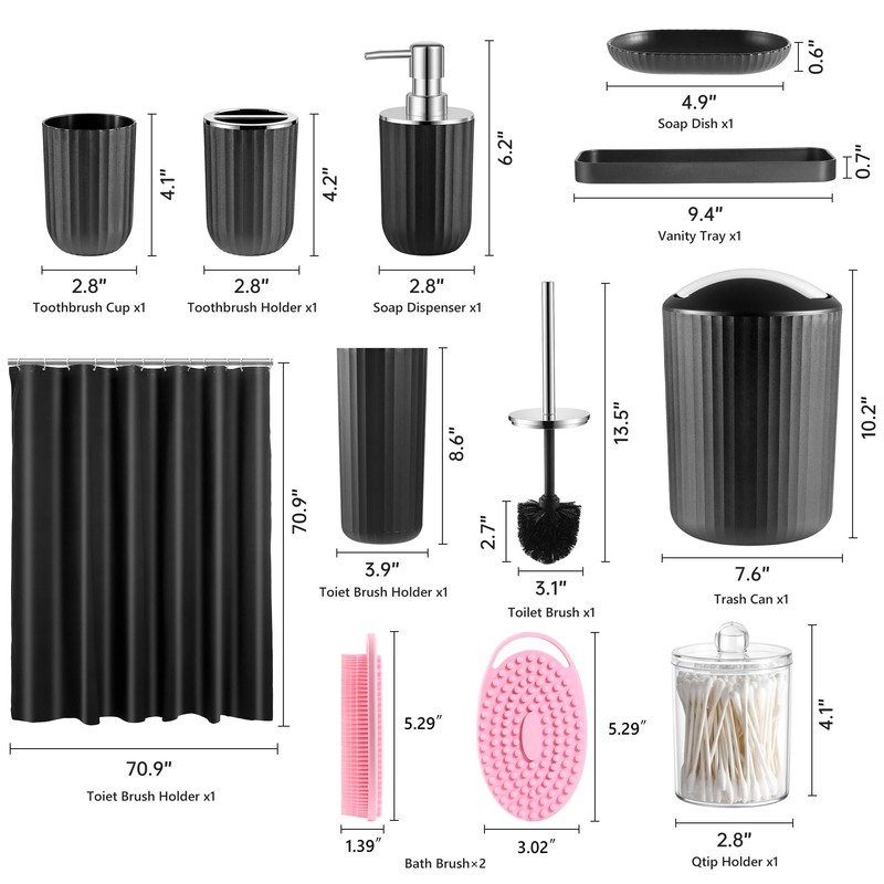 Bathroom Accessories Set, 12Pcs Black Accessory Sets with Body Scrubber,