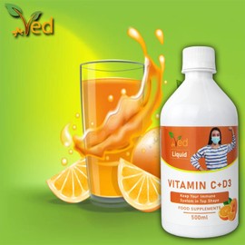 Ved Vitamin C & D3 Liquid Food Supplement for Adults - High Strength Vitamin D & Vitamin C per Dose- Support for Joints, Muscles & Immunity - Vegetarian - Orange Flavour (33 Days Supply)