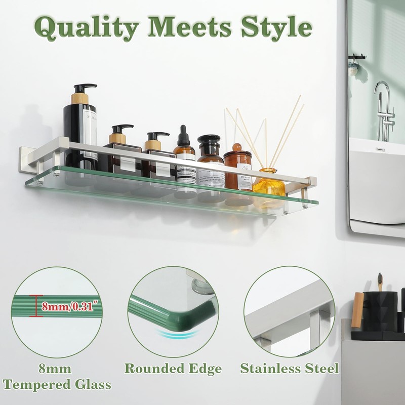 Alise Bathroom Shelf Wall Mounted, Brushed Nickel Large Capacity Glass