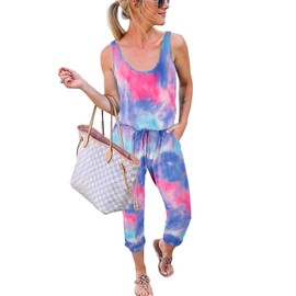 REORIA Women's Summer Casual Sleeveless Tank Top, Elasticated Waist, Loose Fit Jumpsuit / Romper with Pockets, 04-Tie Dye Pink / Blue, X-Large