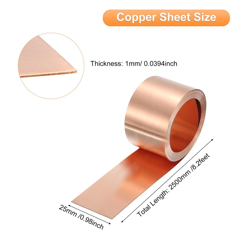 sourcing map Copper Sheet Roll 2500mm x 25mm x 1mm,