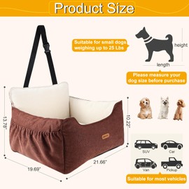 Clawamilly Dog Car Seat for Small Dogs, Fully Detachable Washable Comfy Safe Dog Booster Car Seats with Storage Pockets Safety Belt, Portable Premium Pet Travel Bed for Front & Back Seats, Brwon
