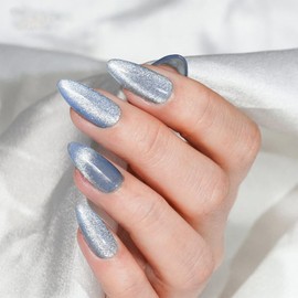 IQXGE Medium Almond Press on Nails Full Cover False Fake Nails Press ons Cat Eye Stick on Nail Blue Bling Acrylic Fake Nail Shiny Artificial 24Pcs Reusable for Women