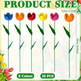 Teenyyou 15 Pcs Multicolor Artificial Tulips Metal Fake Tulips with Green Stems Faux Tulip Bouquet Realistic Flowers Arrangement for Spring Outdoor Display, 18.9'' H, 2.25'' Diameter Flower Head