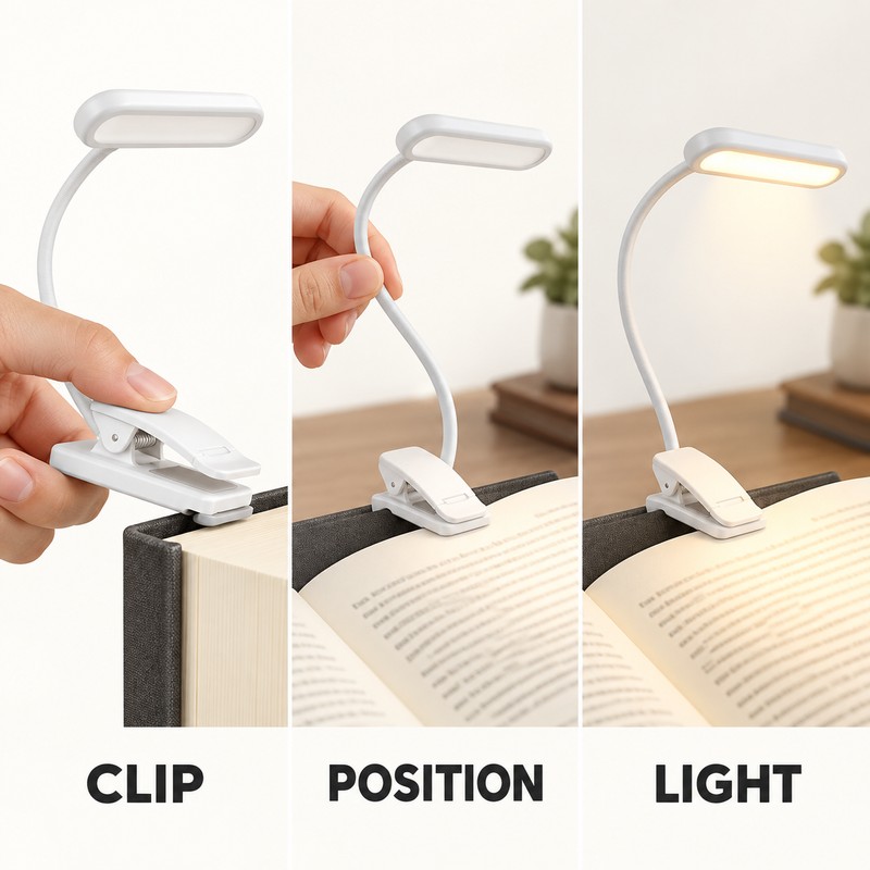 USB Rechargeable Clip-On Book Light, 12 LED, 3 Color Modes,