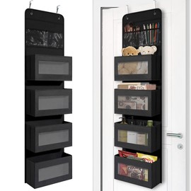 Heavy Duty Over Door Organizer, Wall Mount Hanging Organizer Storage with 4 Large Capacity Pockets, Closet Bathroom Nursery Bedroom Dorm, Toys Cosmetics Sundries and Baby Essentials, Black
