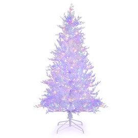 DORTALA 6FT Pre-lit Artificial Christmas Tree, Snow Flocked Xmas Tree with 300 Warm White & Multi-Colored LED Lights, 383 Branch Tips, 11 Modes, Timer & Foldable Stand, White
