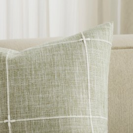 YZJZEDS 2 Packs Grid Embroidery Throw Pillow Covers, 18x18 Inch Green, Farmhouse Cotton Linen Decorative Sage Green Cushion Covers for Sofa Bed Living Room Home Decor