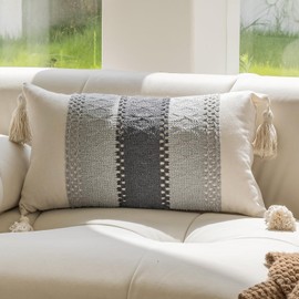 vctops Boho Cotton Linen Decorative Throw Pillow Covers with Tassels 16x24 Inch Soft Farmhouse Neutral Stripe Pillow Covers Accent Macrame Woven Grey Cushion Case for Couch Sofa Car (Type E,16"x24")