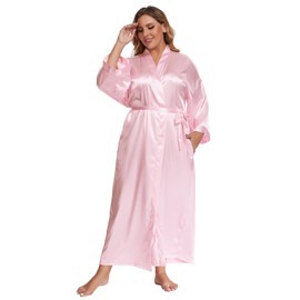 feslieacc Women's Plus Size Long Silk Robes Plus Size Long Satin Robes Bathrobe Sleepwear Pink, 2XL/3XL