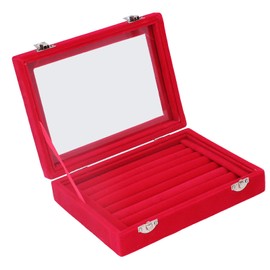 Organizador de Joyerode de Terciopelo, Caja de Almacenamiento para Anillos con 7 Compartimentos, Organizador de Joyero con Tapa de Cristal Transparente(rojo)