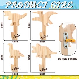 Kathfly 4 Pcs Dinosaur Coat Hooks Dinosaur Wooden Clothing Hanger Wood Dino Backpack Hook for Children Bathroom Decor Classroom Storage Home Wall Decoration