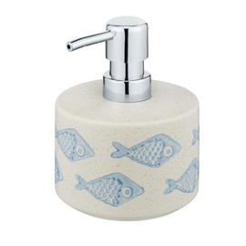 WENKO Soap Dispenser Aquamarine, Refillable Soap Dispenser for Liquid Soap/Lotion, Elegant Ceramic in Matte White with Blue, Maritime Scenery, Hand-Painted, Diameter 10 x 13.2 cm, Capacity 475 ml