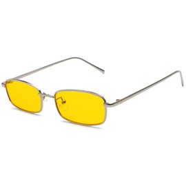 RUNHUIS Retro Classic Small Rectangle Sunglasses Women Men Vintage Slim Rectangular Metal Frame Glasses, Silver/yellow